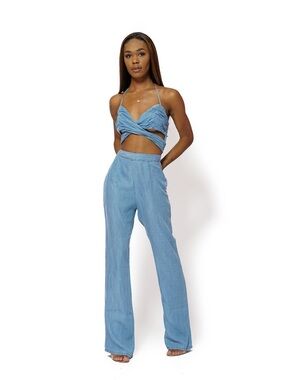 Light Blue Chambray High-Waist Wide-Leg jumpsuit